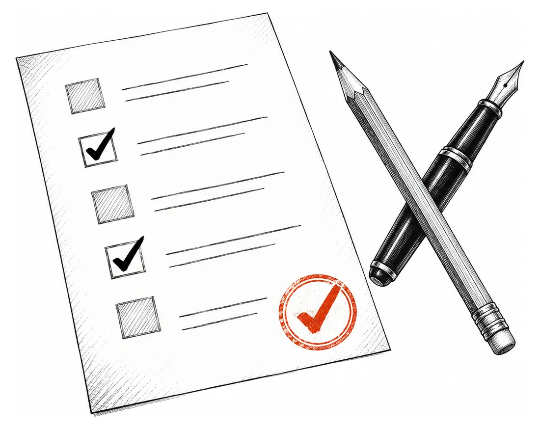 An ink drawing of a questionnaire: some boxes sketched in pencil, others ticked in ink, with a vermilion stamp in the corner.